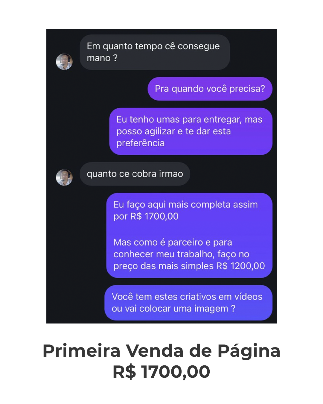 Primeira venda de página R$ 1.700,00